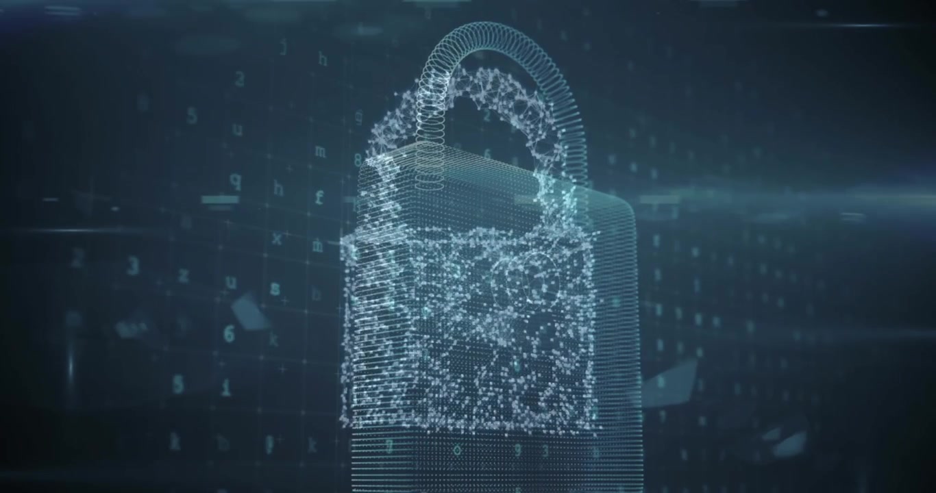 Animation of digital padlock over data processing on black background