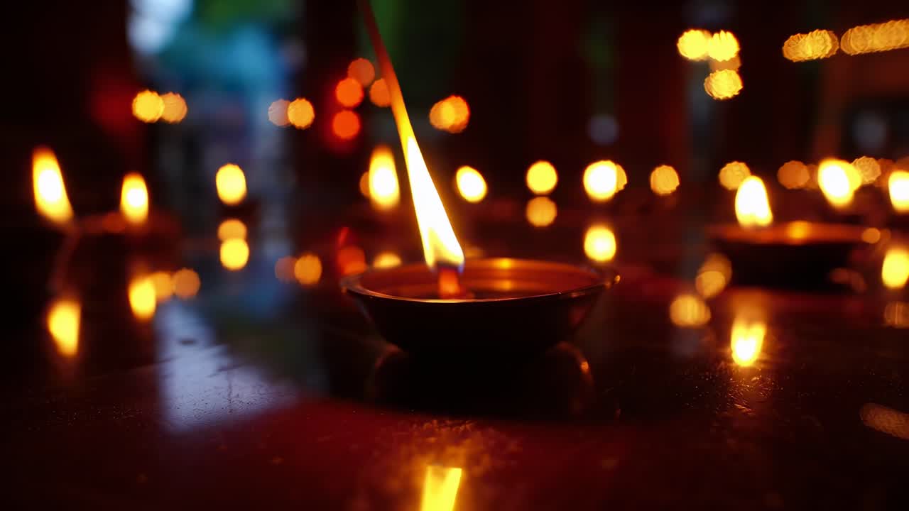 Scena video calda e serena di candele accese su una superficie riflettente, ripresa all'altezza degli occhi.