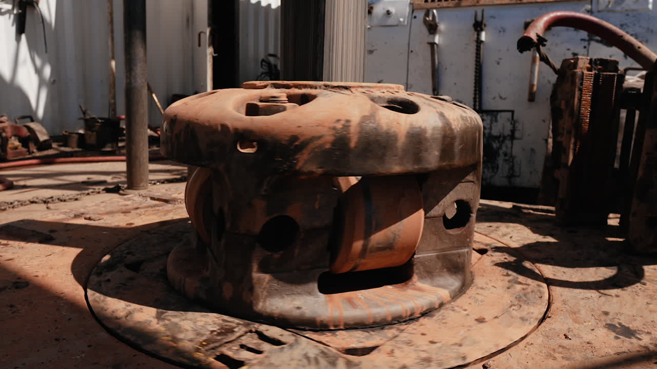 Rotational detail in the machine for drilling ground. Outdoor location for production of natural resources.