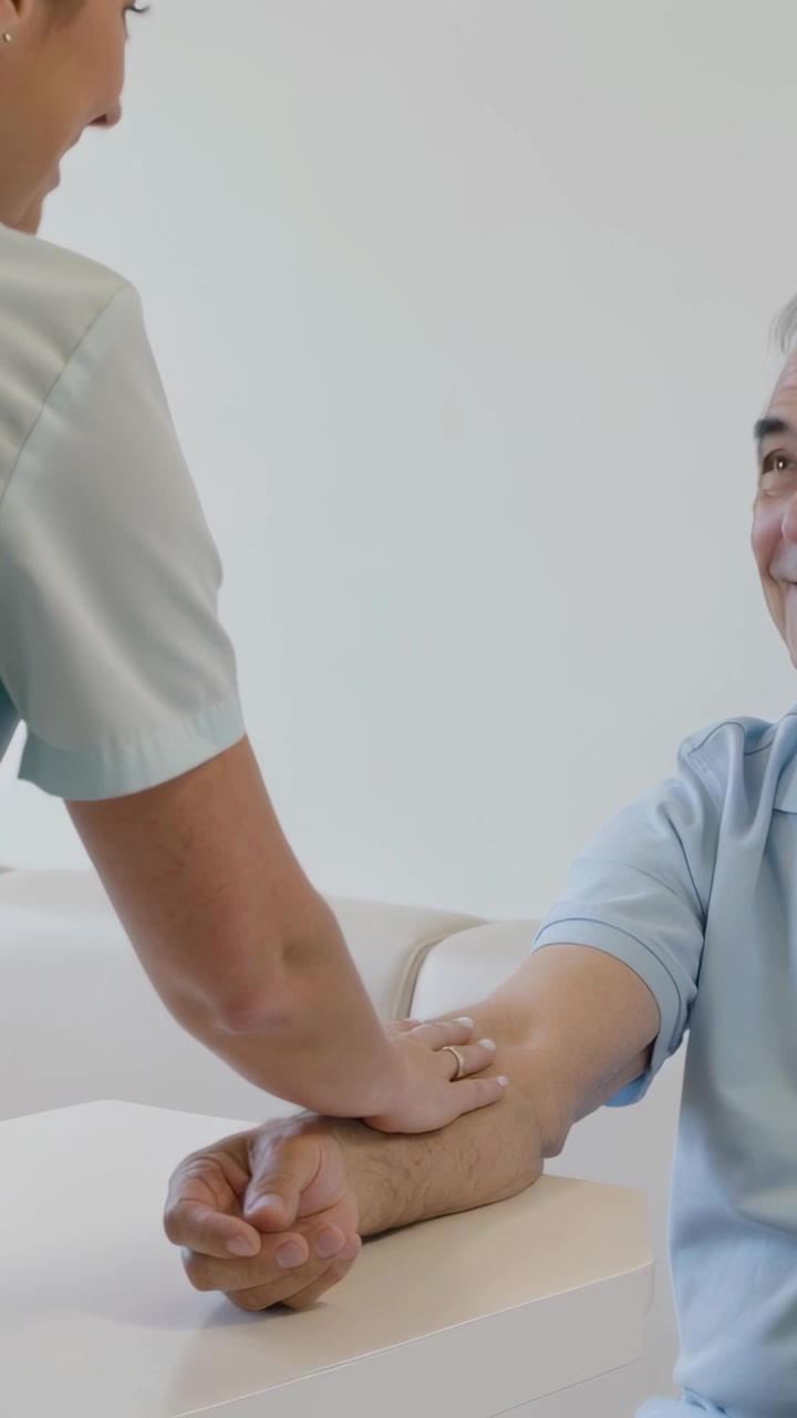 Video vertical: Enfermera con uniforme médico llegando y presionando el antebrazo de un hombre en una clínica, revisando el dolor en el reposabrazos.
