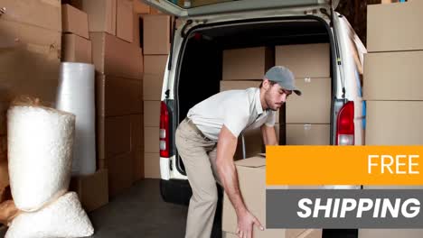 Animation-of-the-words-Free-Shipping-over-man-loading-boxes-from-trolley-into-van