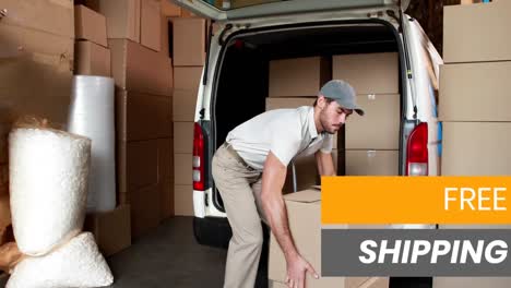 animation of the words free shipping over man loading boxes from trolley into van