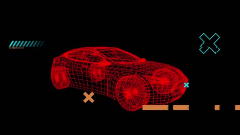 Animation-Fallender-Formen-über-Einer-3D-Autozeichnung,-Die-Sich-Auf-Schwarzem-Hintergrund-Dreht