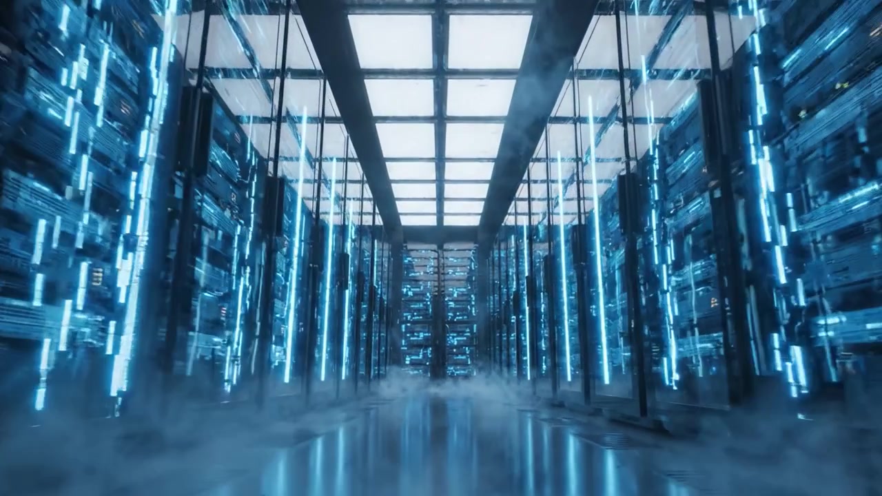Exploring a Modern Data Center: A Captivating Journey Through Rows of High-Tech Server Racks Illuminated by Cool Blue Light and Misty Atmosphere