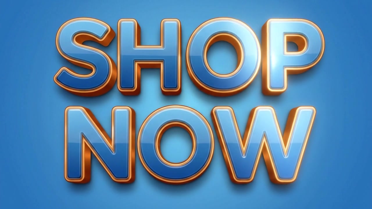 Animação de Banner de Texto Promocional 'Compre Agora' com Tipografia 3D Vibrante