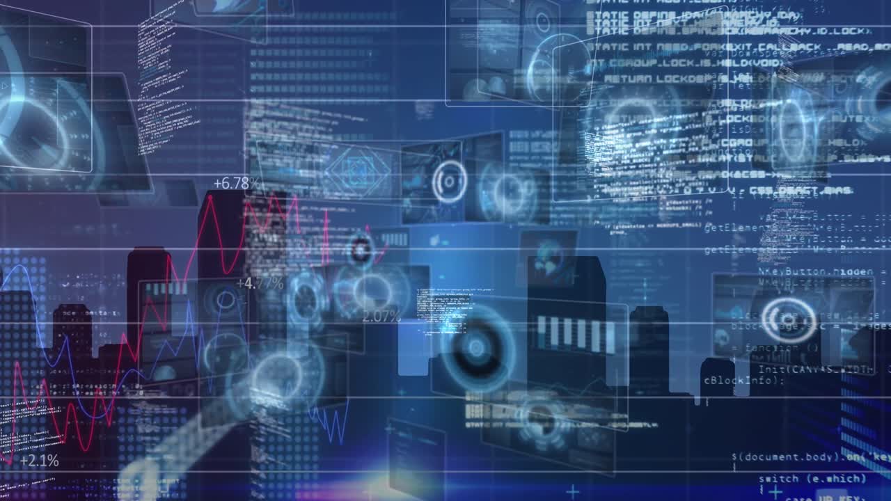 vídeo del procesamiento de datos en pantallas sobre el paisaje urbano