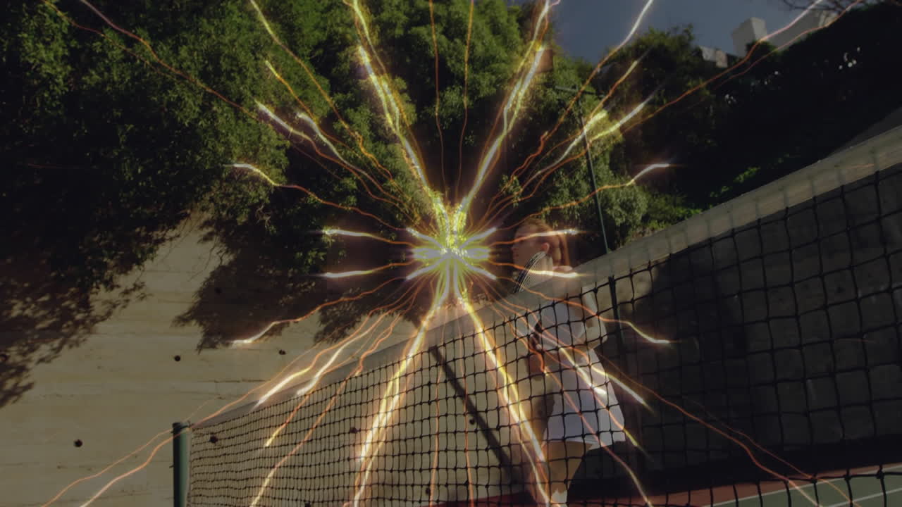 Female tennis player swinging racket on outdoor court, displaying animated energy effect for health