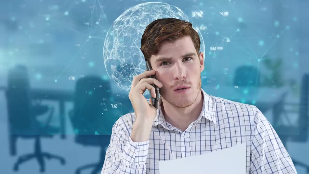 Animation of businessman using smartphone and financial data processing over empty office