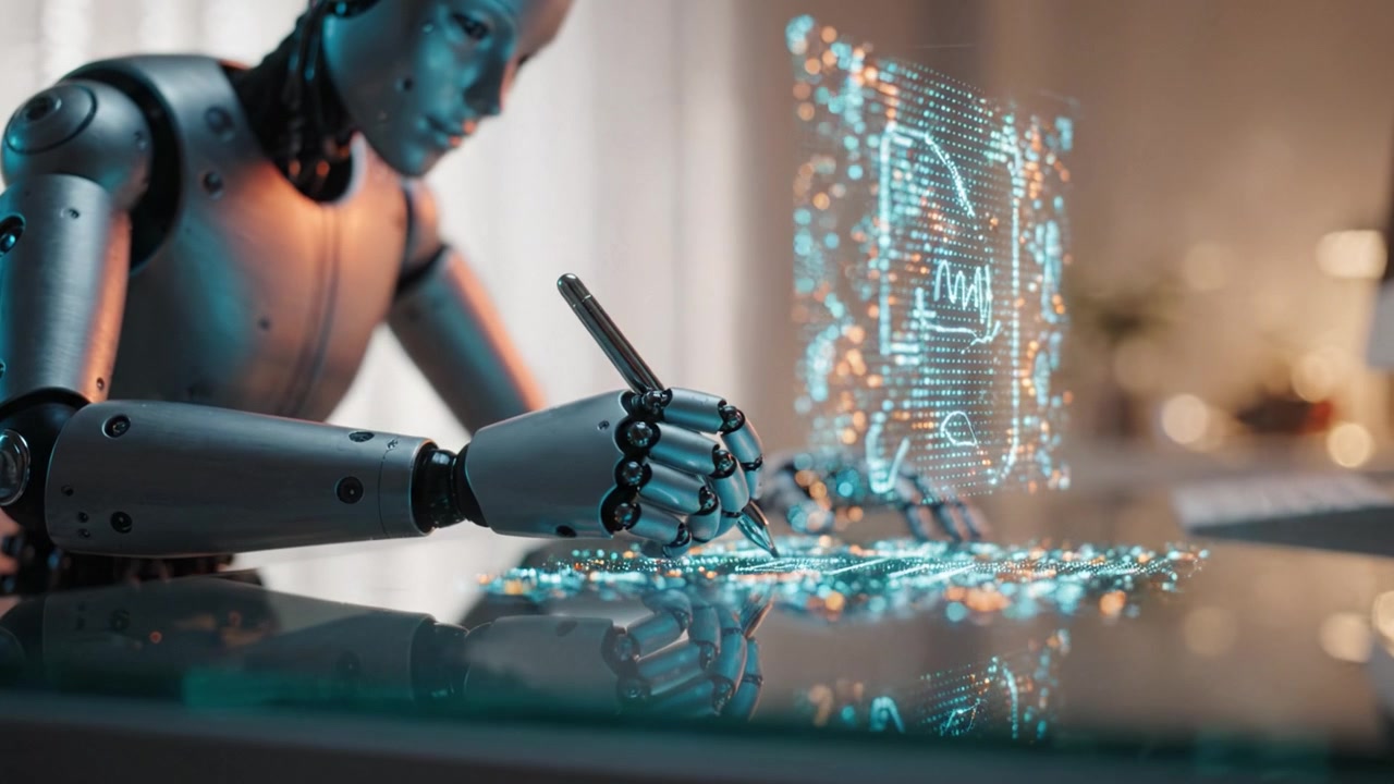 An Advanced Robot Engaging in Creative Writing with High-Tech Interfaces and Digital Displays, Showcasing Artificial Intelligence and Human-like Abilities