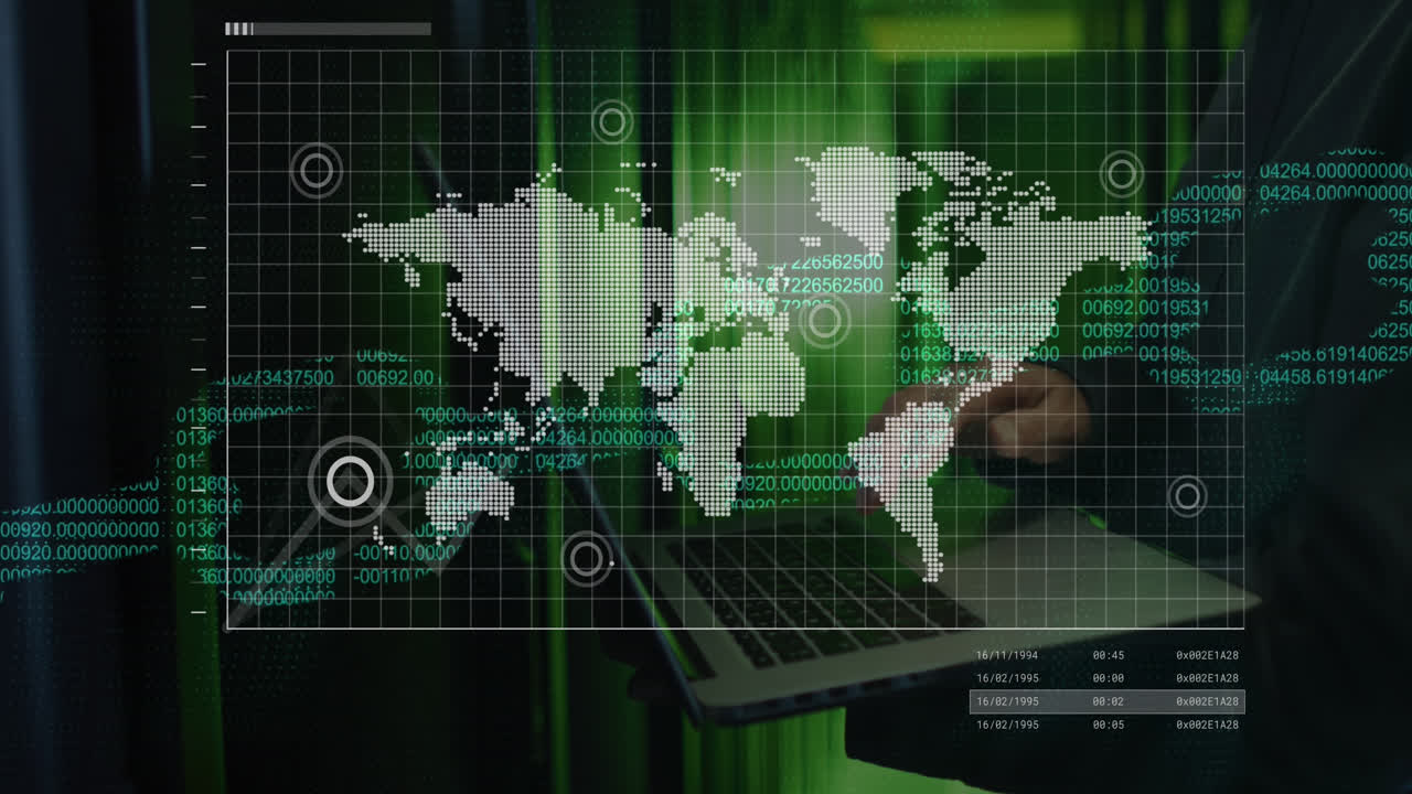 animación de mapa, global, números que forman blockchain, sección media de un hombre usando una computadora portátil en la sala del servidor