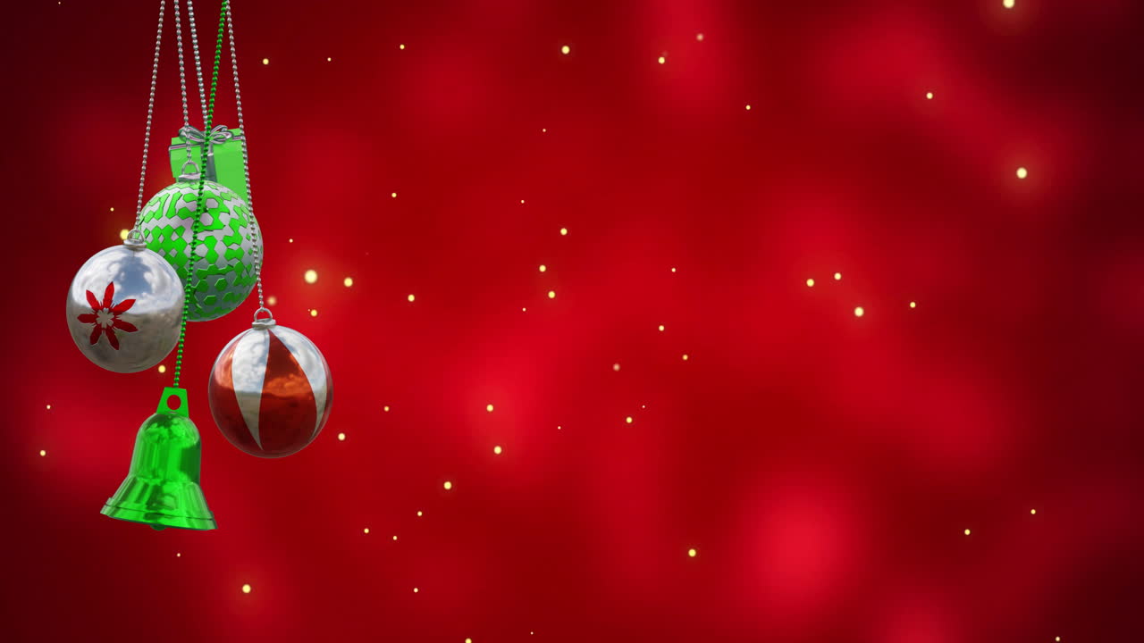 Animation of christmas baubles over light spots on red background