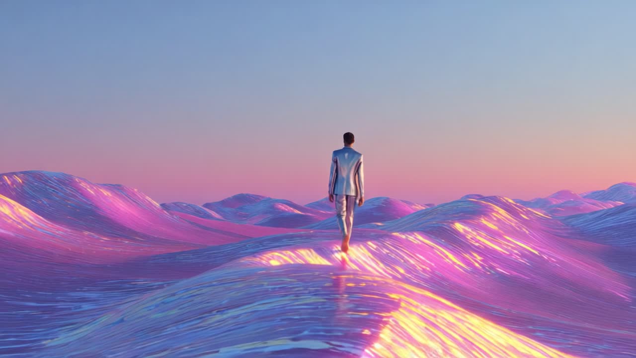 Man in Suit Walking on Futuristic Desert Landscape at Sunset