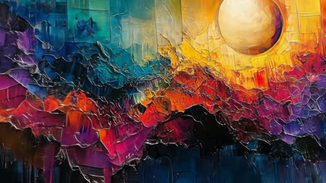 vibrant sunset over colorful abstract mountains in modern art