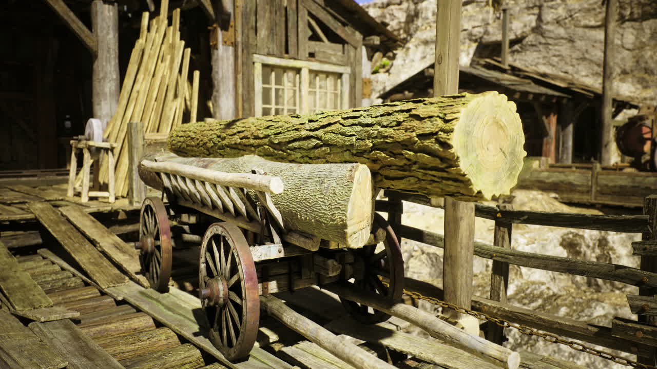 Wooden cart carrying logs at an old rustic settlement in daylight
