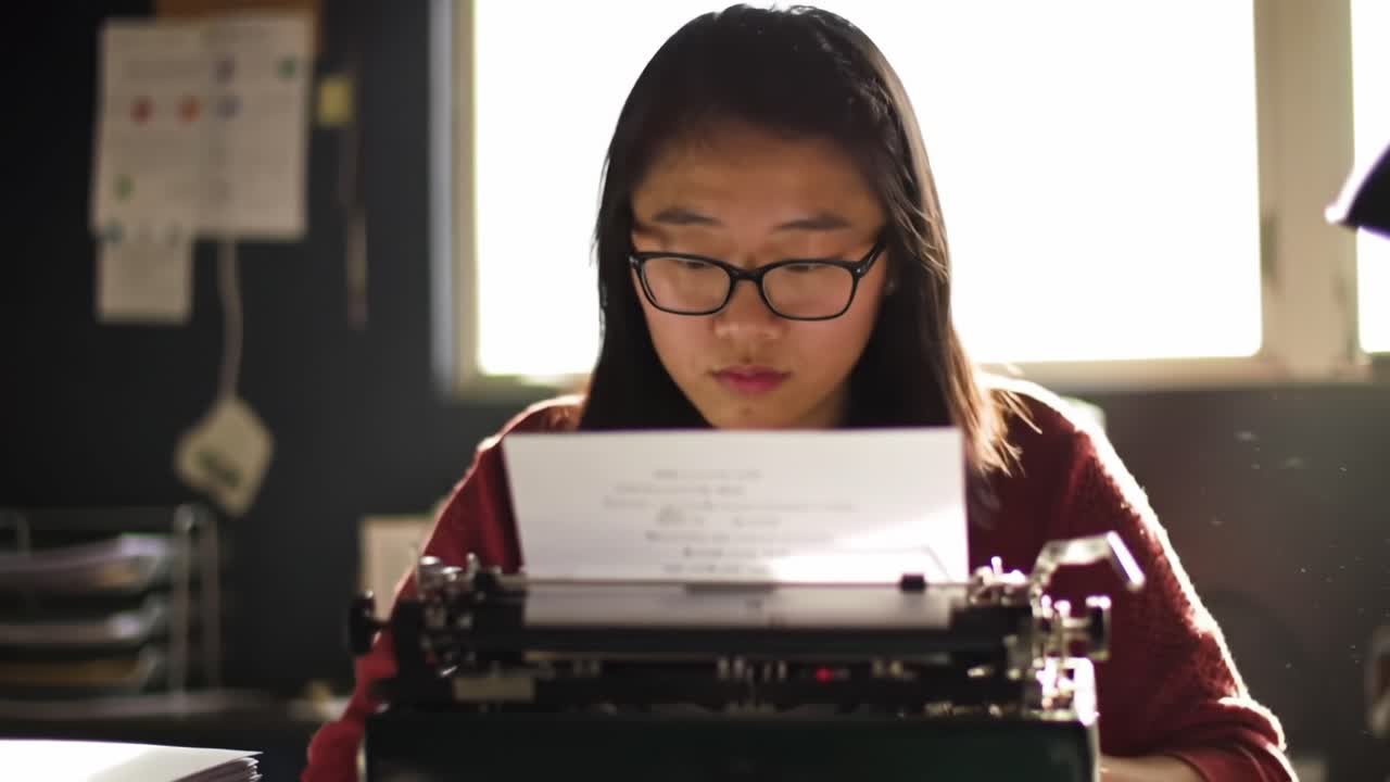 Focused Young Writer Concentrating on Typewriter Output, Illuminated by Soft Natural Light in a Creative Workspace Setting