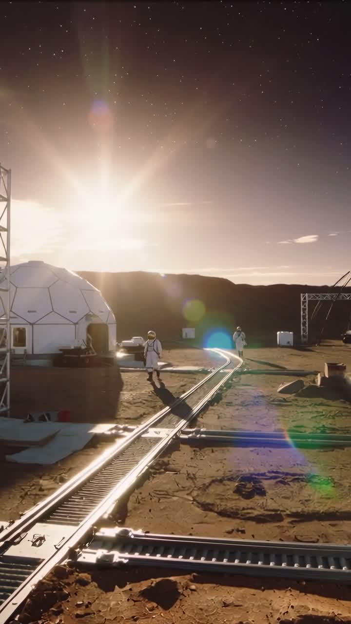 Vertikal video: Stående astronaut i EVA-dragt ved daggry opfordrer besætningen til at gå langs rækværket mod kuplen, med plads til tekst.