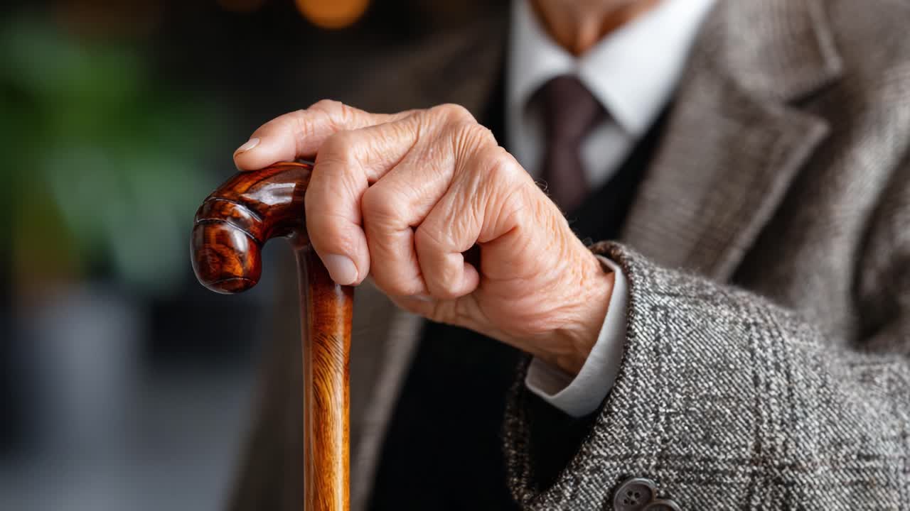 Una persona anziana che stringe un bastone finemente lavorato, simbolo di saggezza e resilienza negli anni d'oro, che rappresenta una presenza elegante in un ambiente moderno