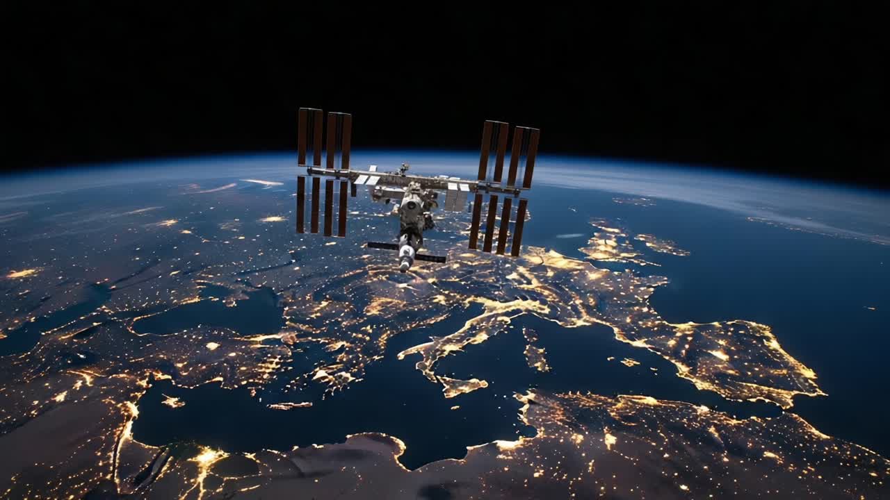 A Stunning View of the International Space Station Orbiting Over Europe at Night Capturing the Dazzling City Lights Below from Space