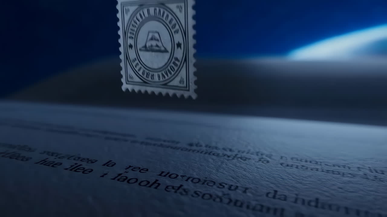 Postage Stamp on an Open Book Under a Starry Night Sky