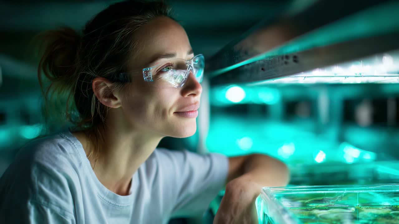 A thoughtful individual gazing intently at the glowing plants in a controlled indoor farming environment, showcasing the blend of technology and nature with a focus on sustainable agriculture and innovation