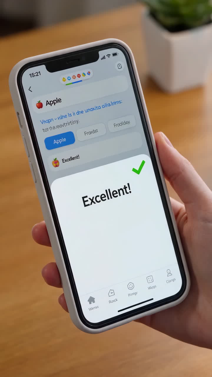 White Woman Studying At Wooden Desk, Using Phone Quiz App And Receiving Excellent Confirmation, Smiling