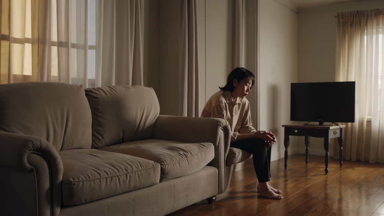 Woman Sitting on Sofa in Living Room