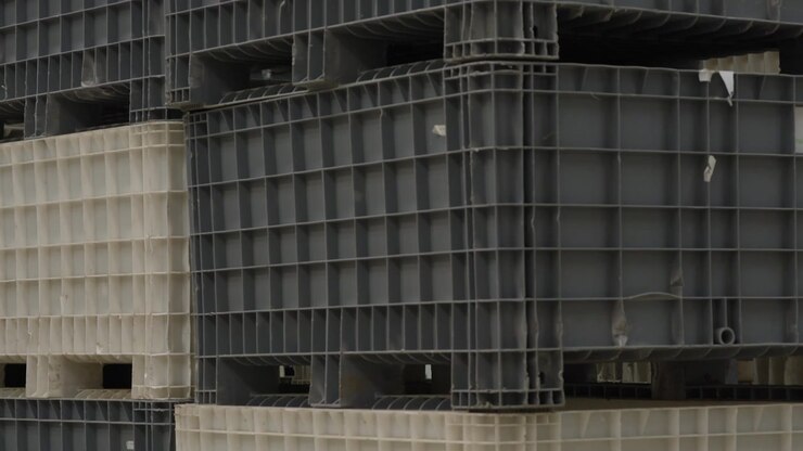 Stacked heavy duty plastic pallets in gray and beige piled high at industrial storage yard