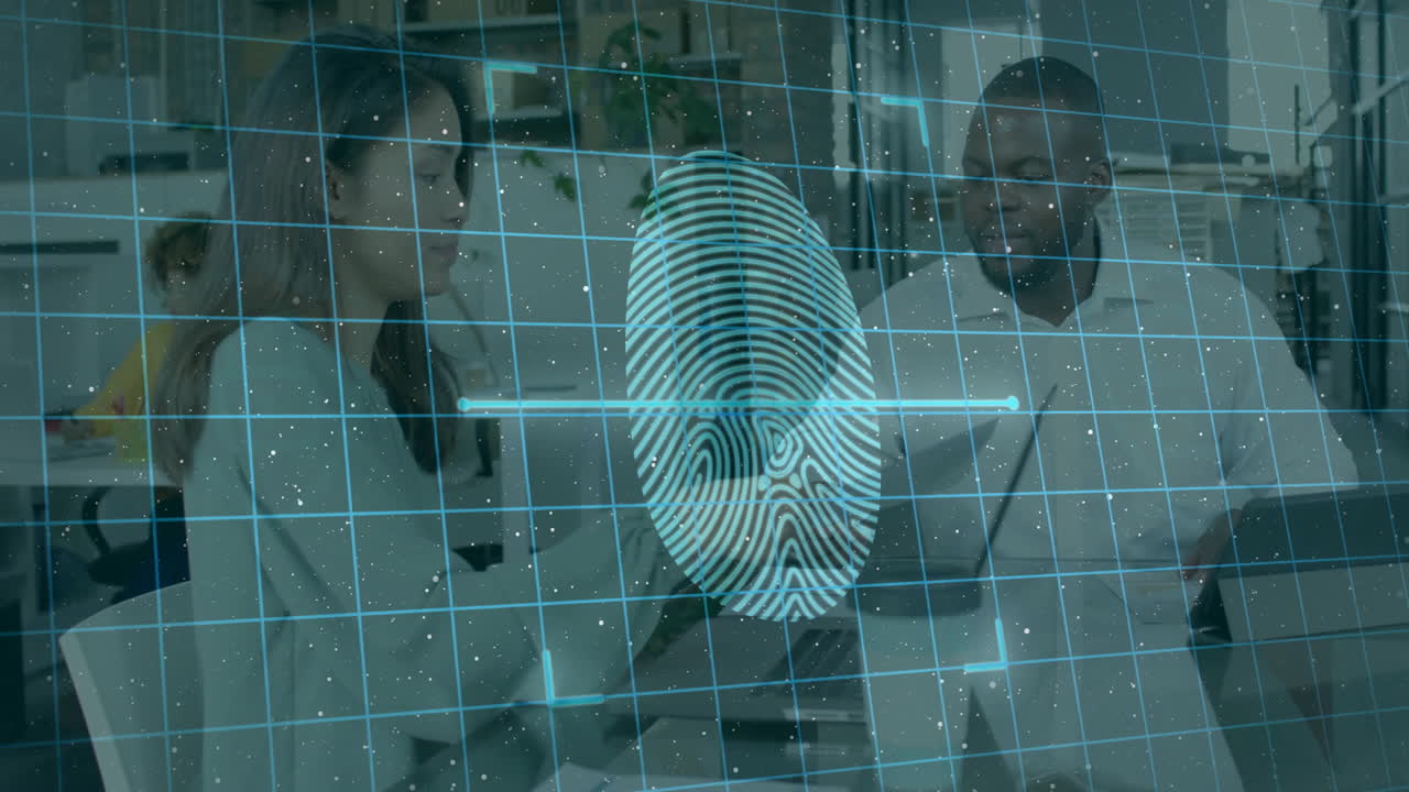 Scanning fingerprints and security shield icons animation, business people working in office