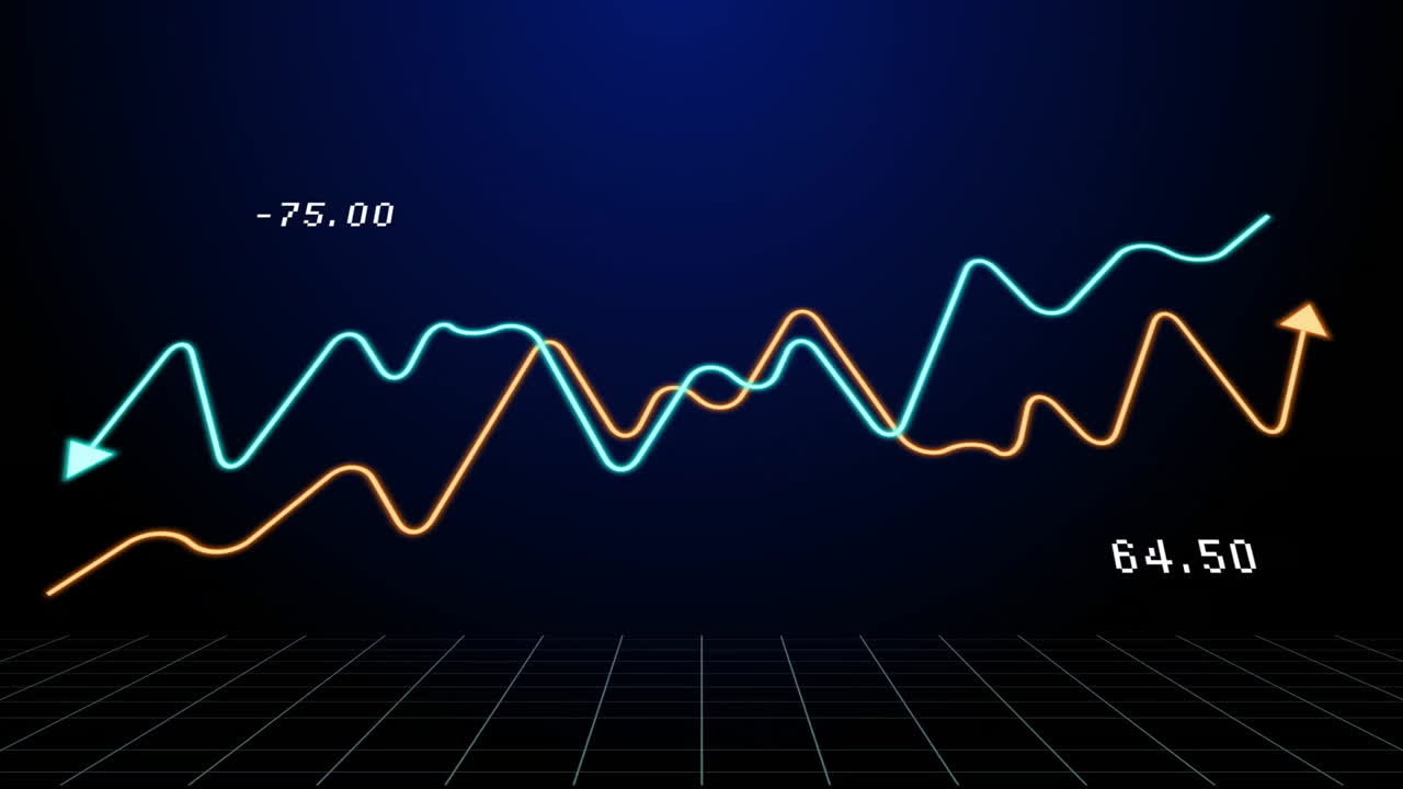 Neon line graphs showing fluctuating data points on dark grid background animation
