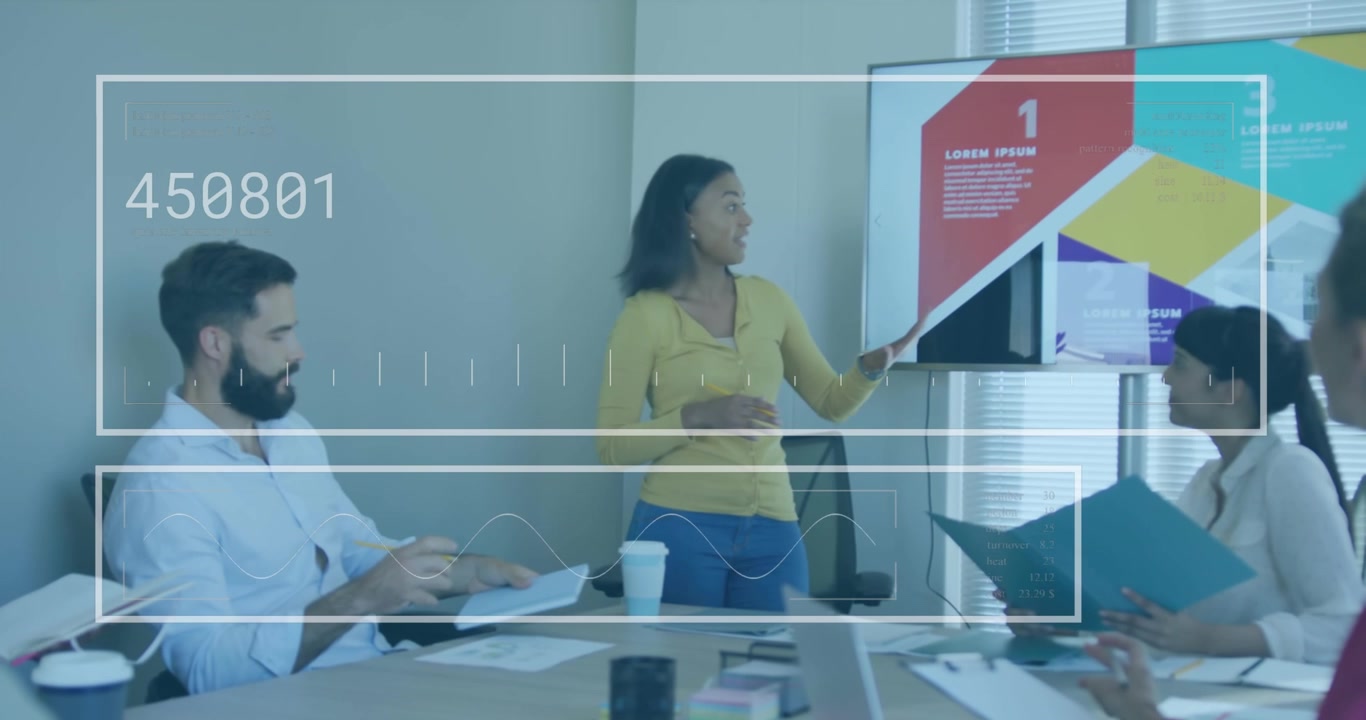 Animation of interface with data processing over woman giving a presentation at office