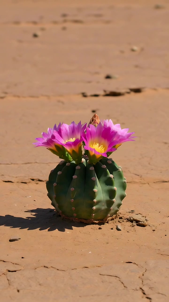 Video verticale: Fotocamera che mette a fuoco e cattura un cactus a botte su argilla screpolata, documentando fiori rosa.