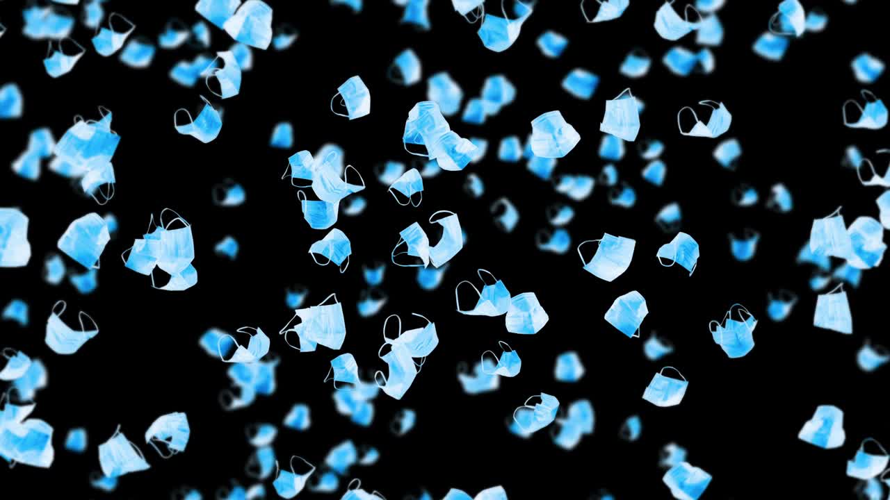 검은 바탕에 많은 파란 마스크를 날아. 의료 개념. 수술 보호 마스크. 마스크 회전의 3d 애니메이션. 루프 애니메이션.
