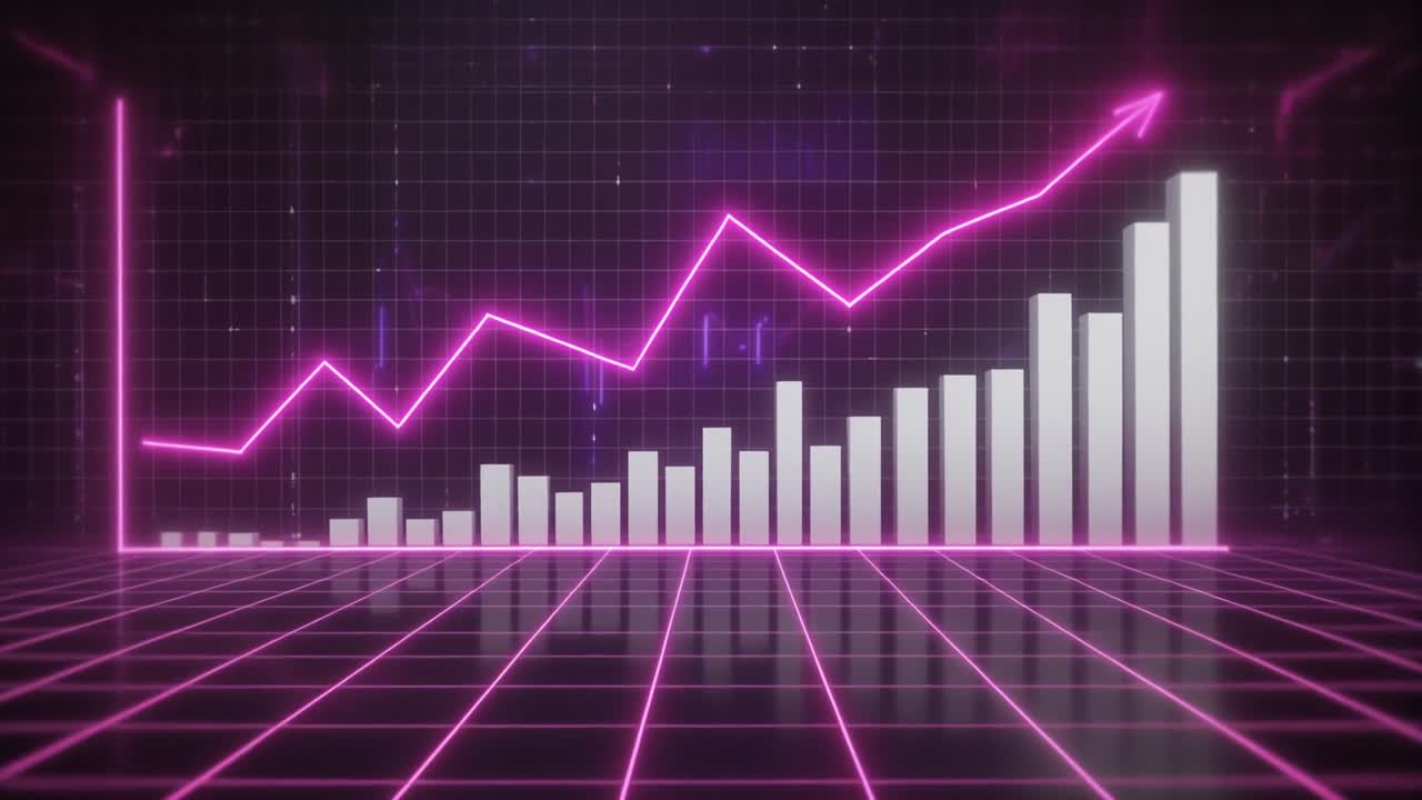 Geanimeerd staafdiagram en lijngrafiek die groei tonen op een retro raster