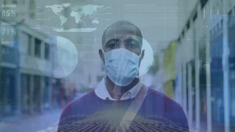 Animation-of-medical-data-processing-over-african-american-man-in-face-mask