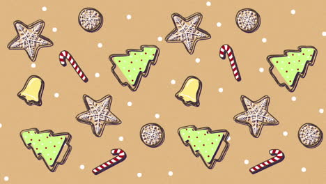 animación de iconos conceptuales de navidad y puntos blancos contra un fondo beige