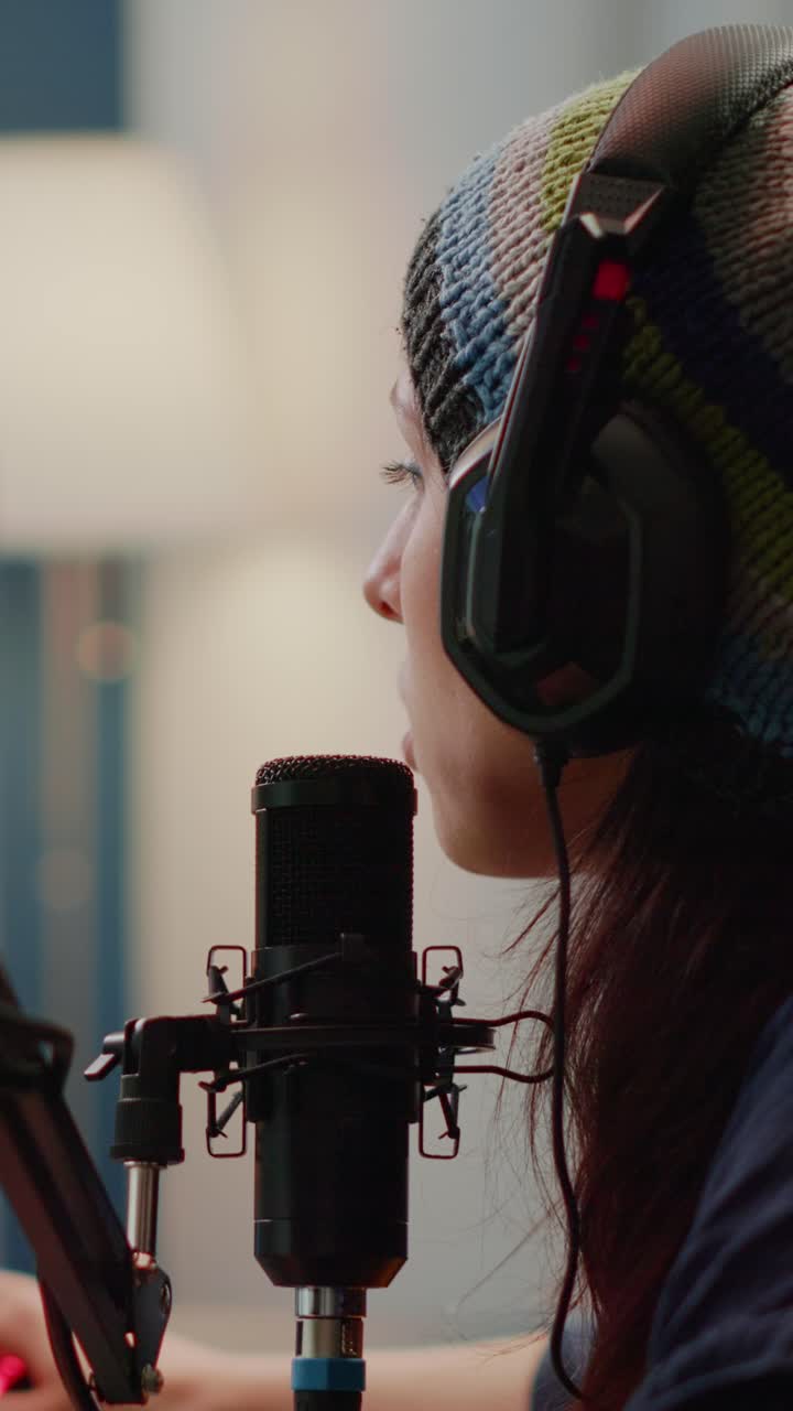 Young woman recording a podcast or live streaming