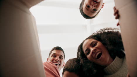 unboxing, below and family face while moving