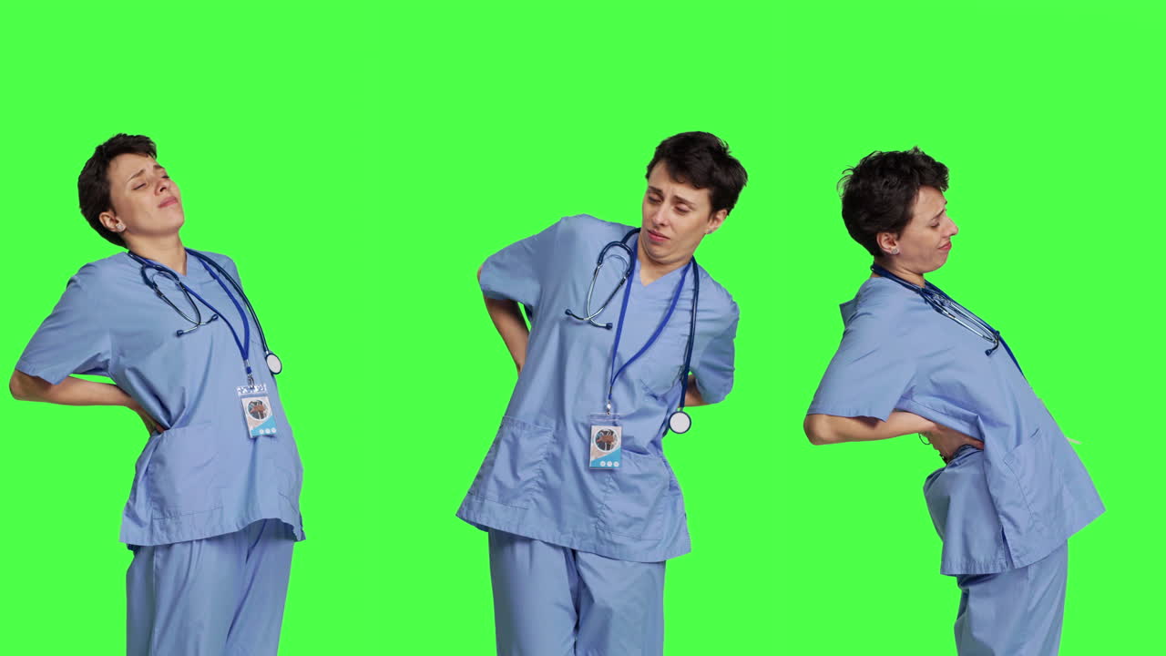 건강 전문가가 근무 후 허리 통증에 시달리고 있습니다.