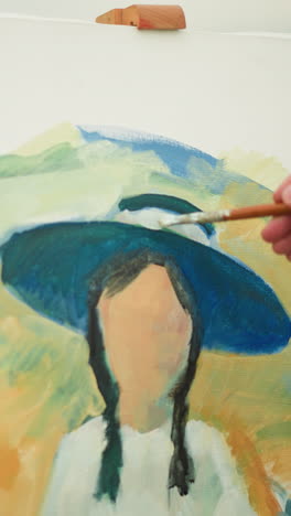 an artist, with their face not visible, wearing a checkered shirt, holding a palette and applying colorful strokes to a canvas. the vibrant portrait takes shape under the artist s careful brushwork