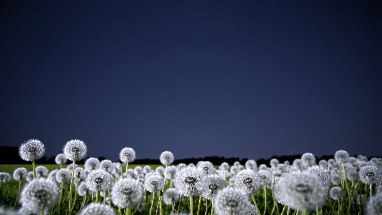 Low-angle video shot of a dandelion field under a deep blue sky, capturing the serene beauty