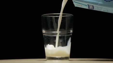 Milch-Wird-In-Ein-Klares-Glas-Gegossen,-Wodurch-Ein-Spritzer-Entsteht,-Vor-Einem-Dunklen-Hintergrund