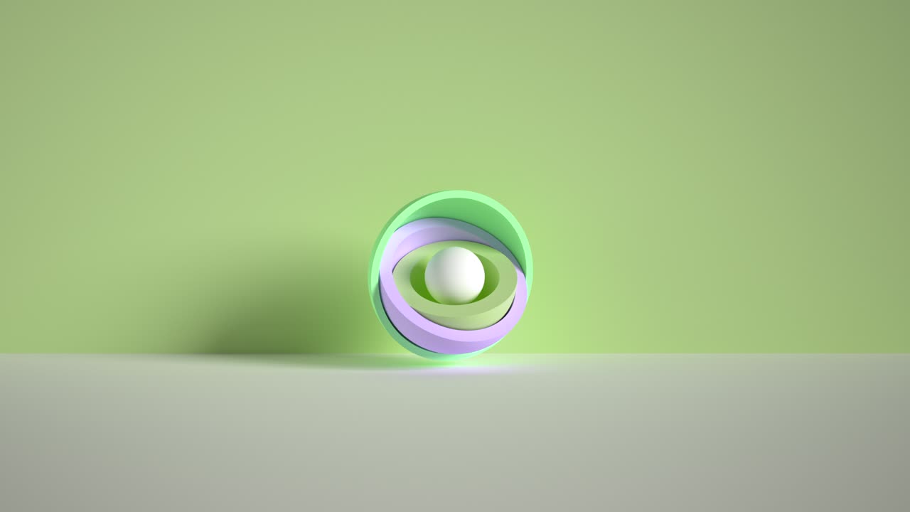 diseño de movimiento minimalista en 3d, bola escondida dentro de hemisferios coloridos, capas que se abren, objetos geométricos simples, formas primitivas aisladas en fondo verde, imagen en vivo, póster animado moderno