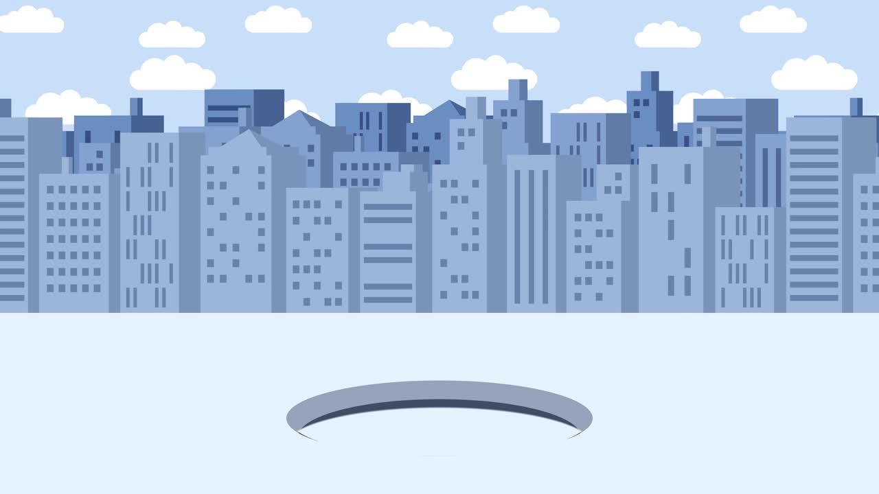 Donna d'affari che cade nel buco. Sfondo di edifici. Concetto di rischio. Illustrazione in loop in stile piatto.
