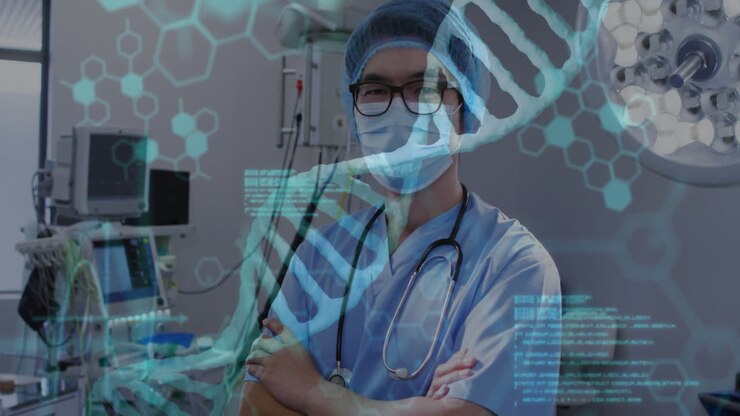 Animation of data processing and dna strands over asian male surgeon with face mask