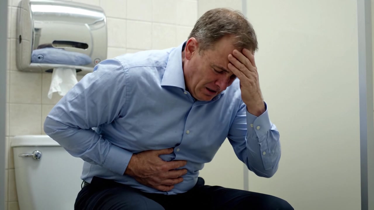 A Man Struggling with Severe Abdominal Pain in a Bathroom, Highlighting the Intensity of Discomfort and Urgency in a Personal Moment of Distress