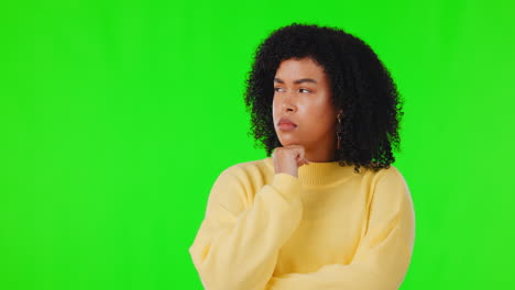 Woman,-thinking-and-face-on-studio-green-screen