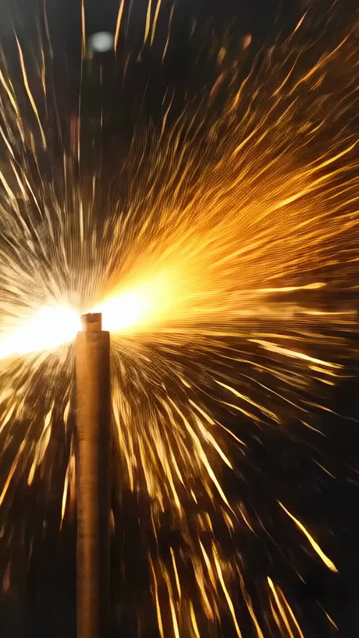 Vertical video: Emitting tall metal post sending sparks after brief flash at night, flare visible