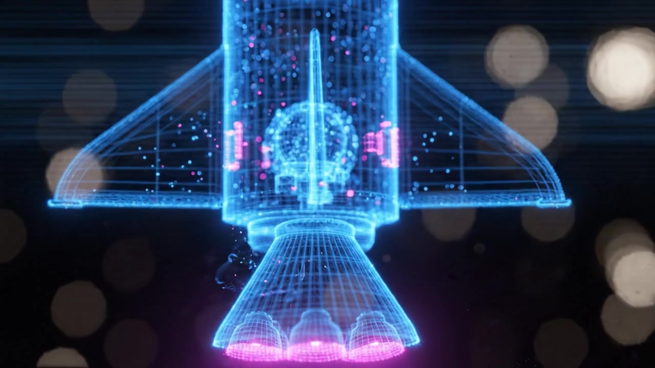 Futuristic Rocket Design in Wireframe with Vibrant Particle Effects Showcasing Advanced Technology and Space Exploration Visions in a Stunning Visual Display