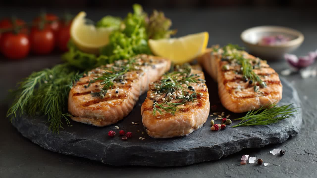 Delicious Grilled Salmon Fillets with Fresh Herbs and Lemon Slices on a Slate Plate, Surrounded by Crisp Salad Greens and Cherry Tomatoes, An Exquisite Culinary Delight