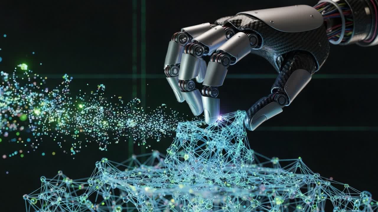 A Futuristic Robotic Hand Engaging with a Digital Structure, Creating Shimmering Particles and an Ethereal Glow in a Cutting-Edge Technological Environment